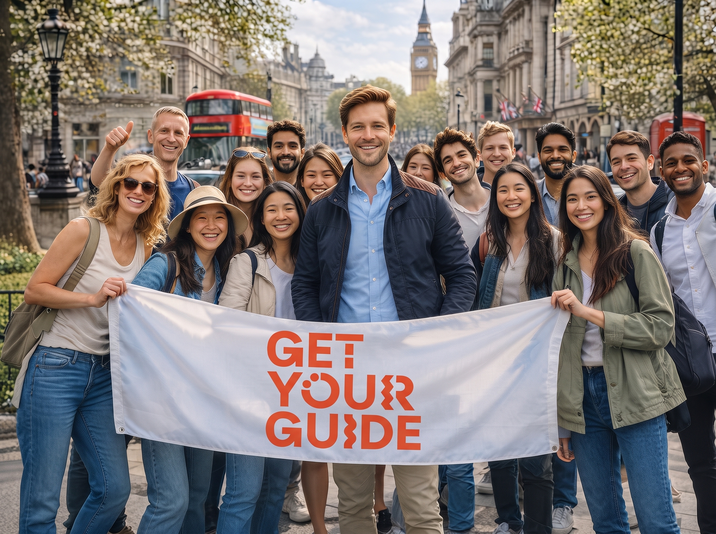 Thomas Harrington with an international tour group in central London